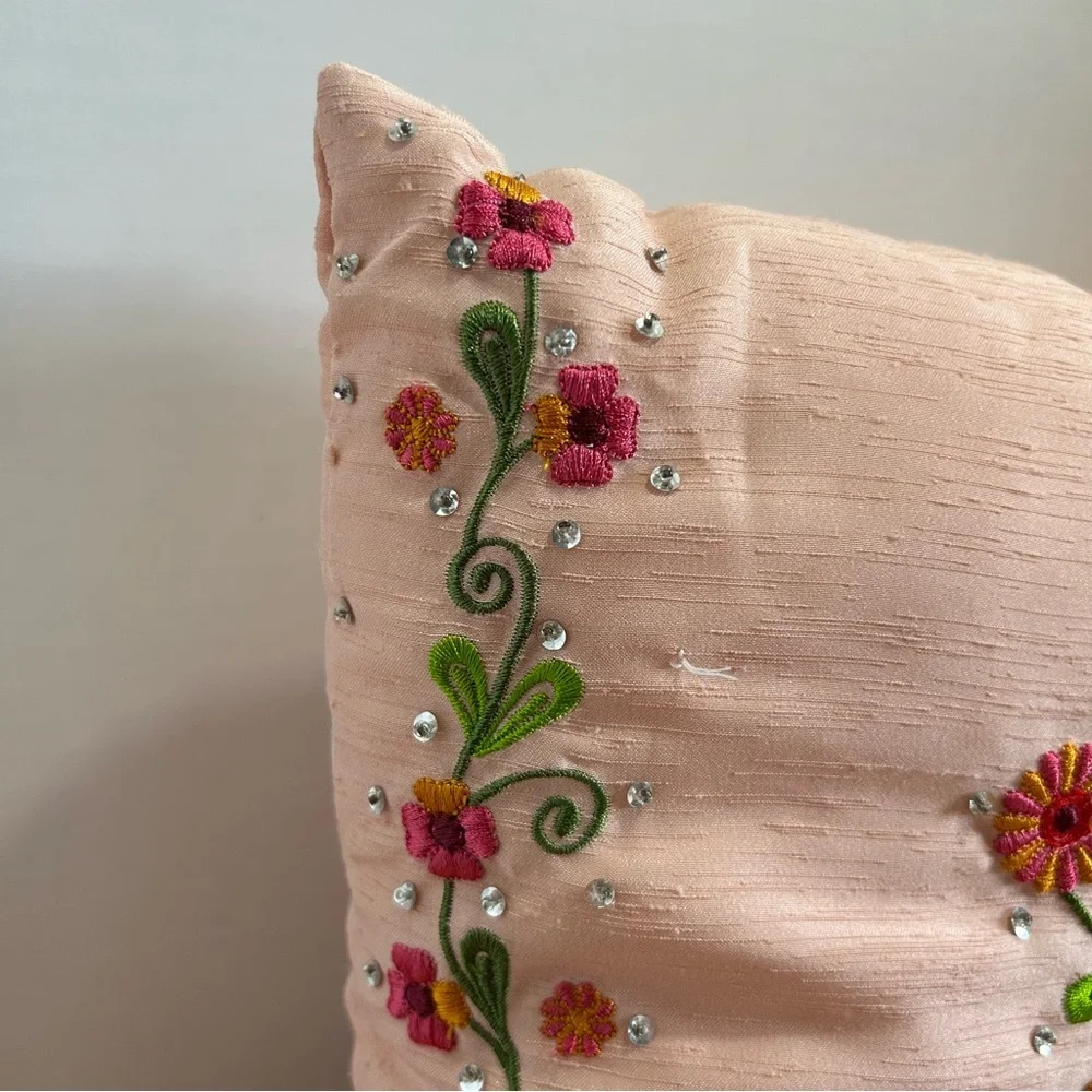 Hand Embroidered Floral Decorative‎ Pillow Pink Silk, Beaded Accents, ITR Brand